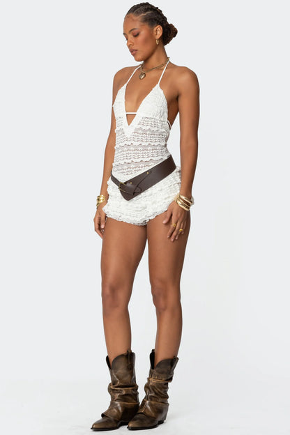 Celara™ Ruffled Sheer Lace Romper